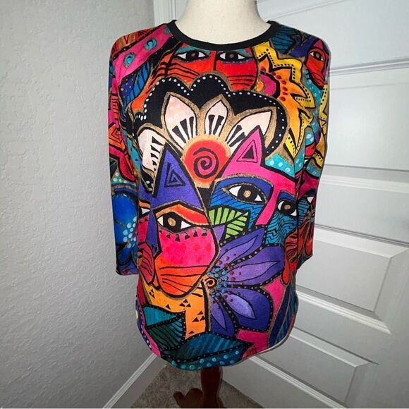 Laurel Burch Cat Garden Party Print 3/4 Length Sleeve Statement Shirt Top - Picture 12 of 12
